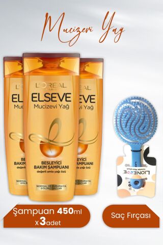 Elseve Mucizevi Yağ Besleyici Şampuan Amla Yağı 450 ml x 3 Adet ve Tarko Lionesse Saç Fırçası Yuvarlak Mavi