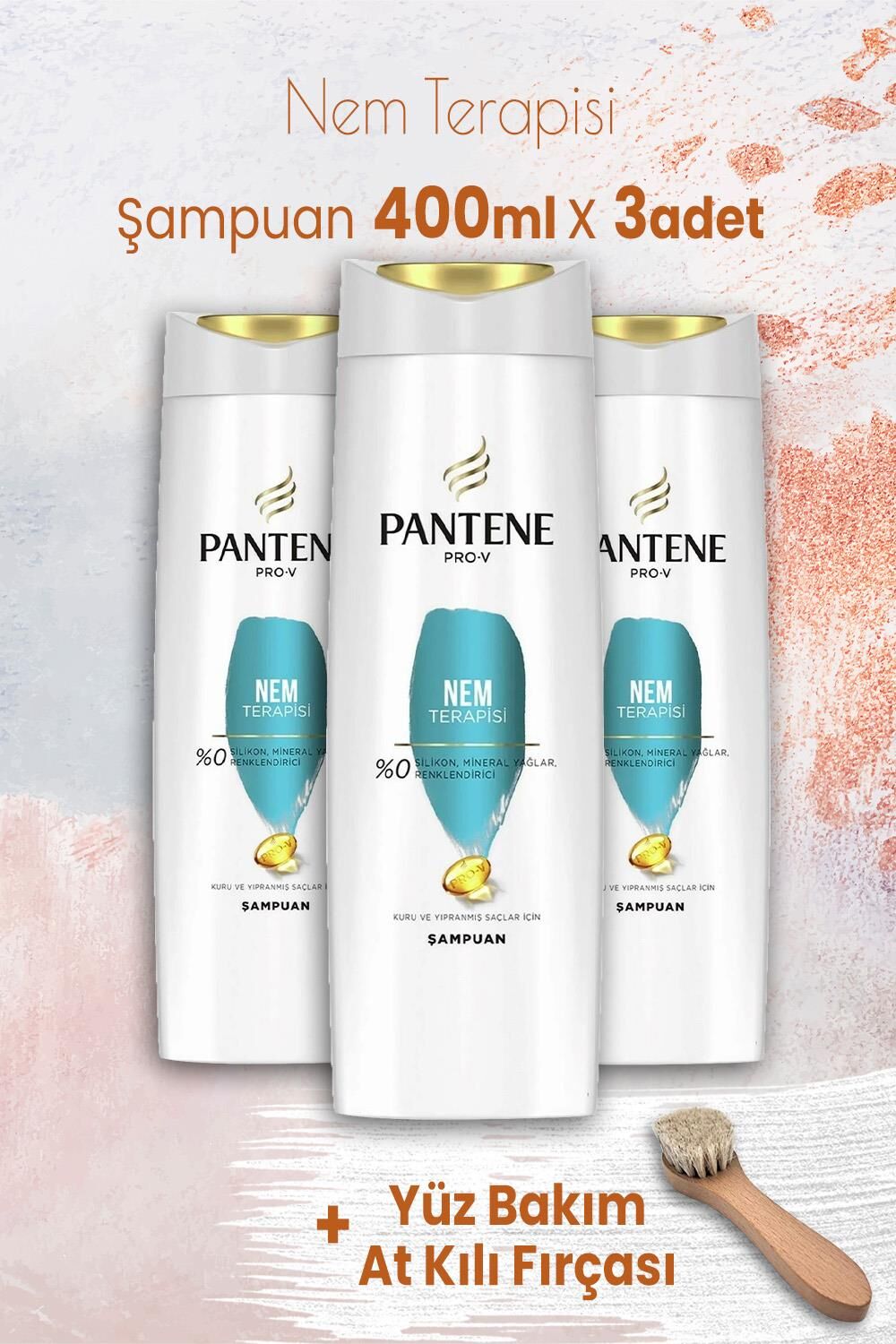 Pantene Pro-V Şampuan Nem Terapisi 400 ml x 3 Adet ve Yüz Bakım At Kılı Fırçası