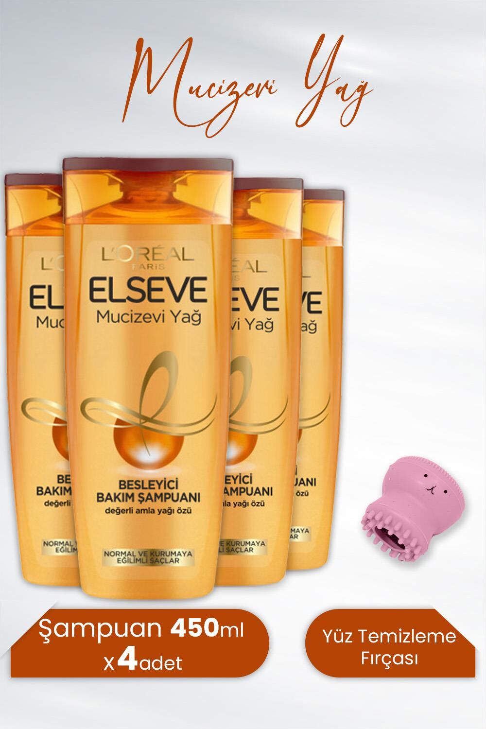 Elseve Mucizevi Yağ Besleyici Şampuan Amla Yağı 450 ml x 4 Adet ve Tarko Lionesse Yüz Temizleme Fırçası - Açık Pembe