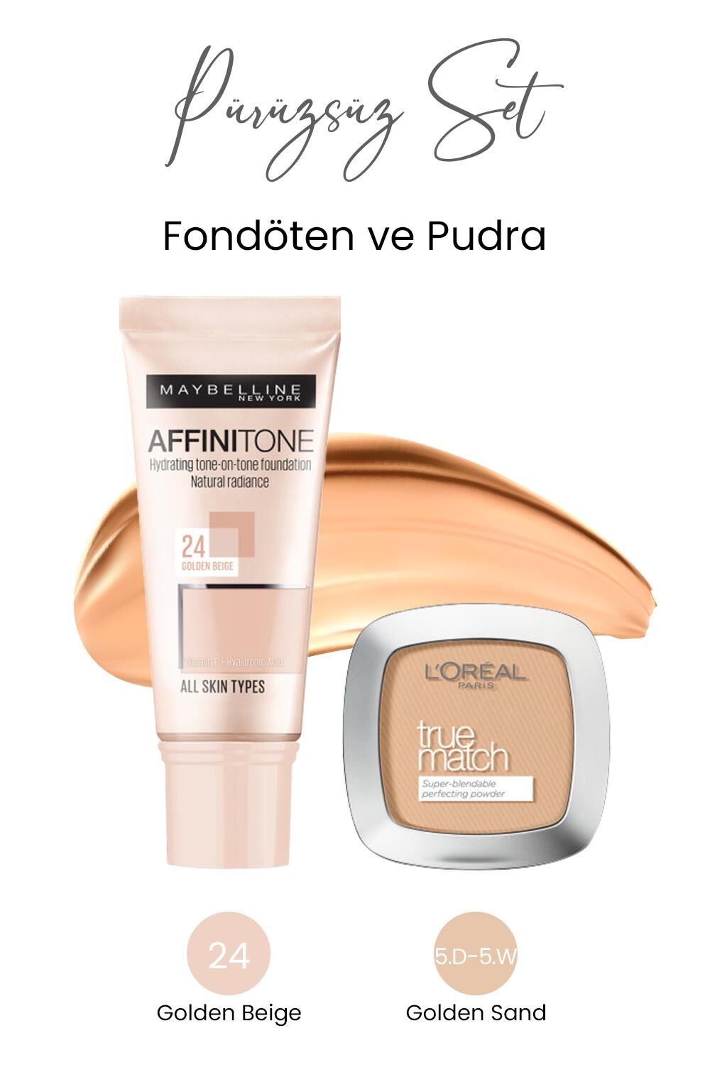 Maybelline New York Affinitone Fondöten 24 Golden Beige ve True Match Pudra 5.D-5.W Golden Sand