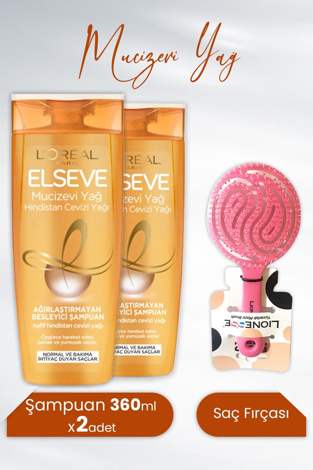Elseve Mucizevi Yağ Besleyici Şampuan Hindistan Cevizi 360 ml x 2 Adet ve Tarko Lionesse Saç Fırçası Yuvarlak Pembe