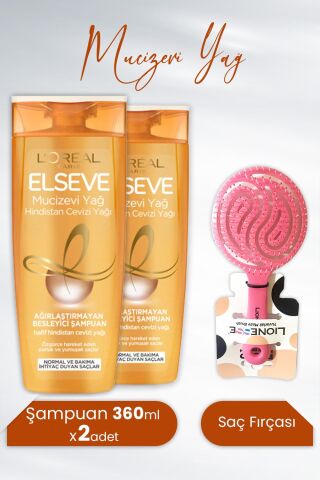 Elseve Mucizevi Yağ Besleyici Şampuan Hindistan Cevizi 360 ml x 2 Adet ve Tarko Lionesse Saç Fırçası Yuvarlak Pembe