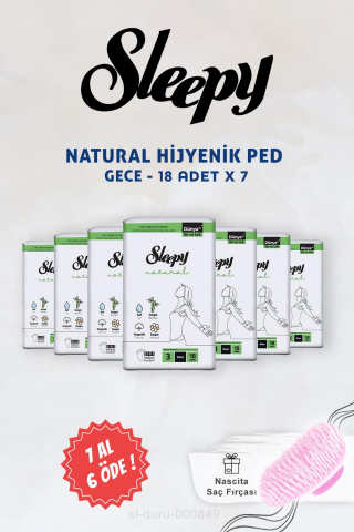 7 AL 6 ÖDE Sleepy Natural Ultra Hassas Hijyenik Ped Gece 18 Adet ve Saç Fırçası