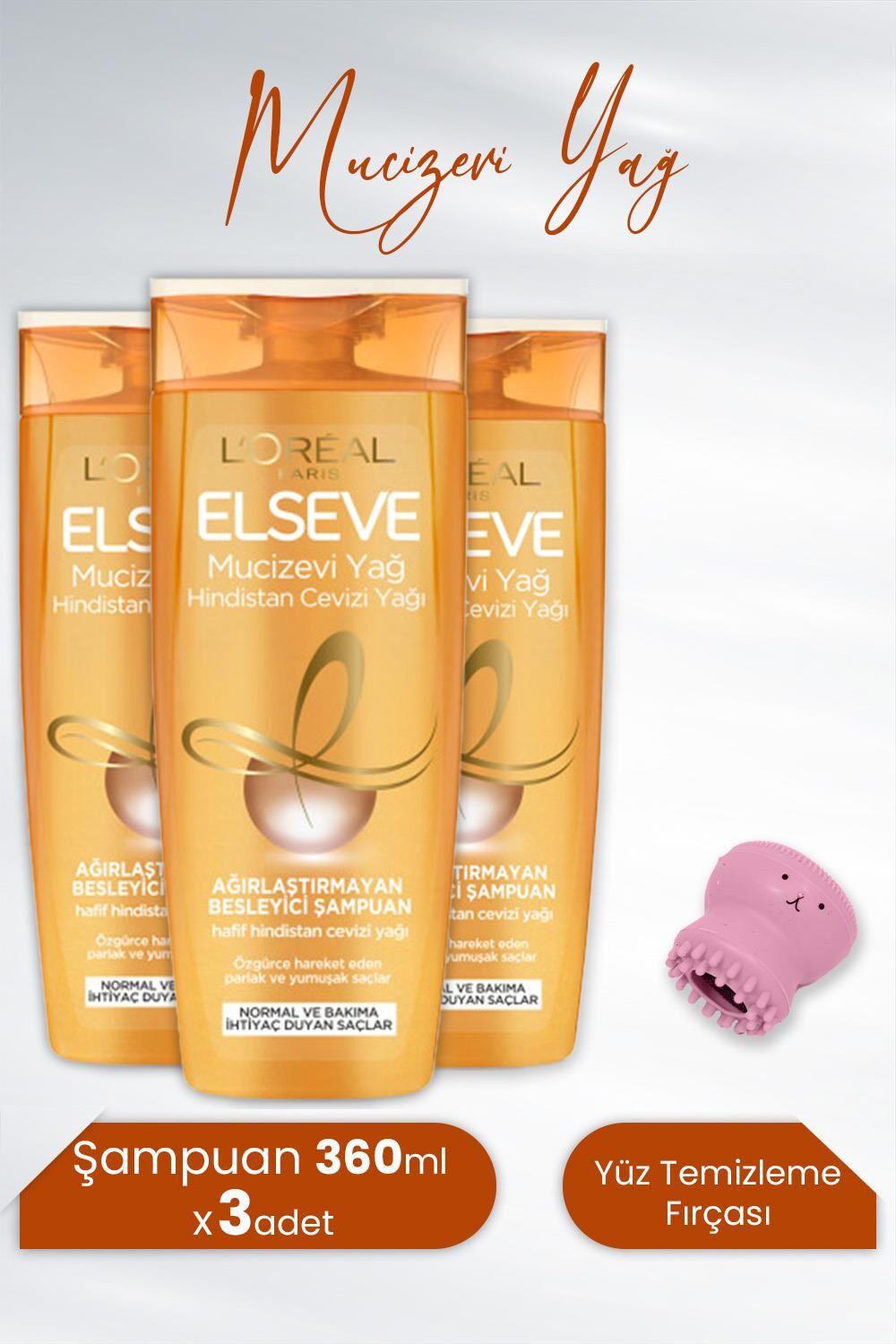 Elseve Mucizevi Yağ Besleyici Şampuan Hindistan Cevizi 360 ml x 3 Adet ve Tarko Lionesse Yüz Temizleme Fırçası - Açık Pembe