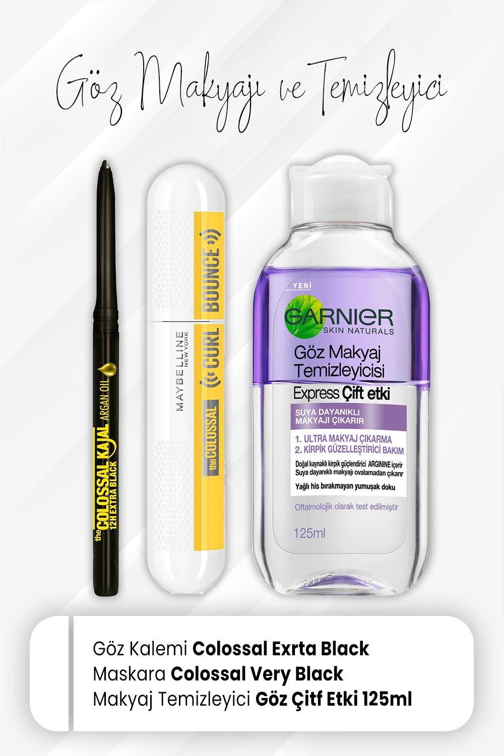 Maybelline Colossal Kajal 12H Extra Black, Curl Bounce Very Black ve Express Çift Etki 125 ml