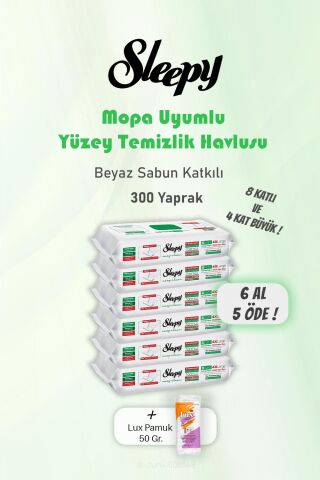 6 AL 5 ÖDE Sleepy 300 Yaprak Mopa Uyumlu Beyaz Sabunlu ve Pamuk