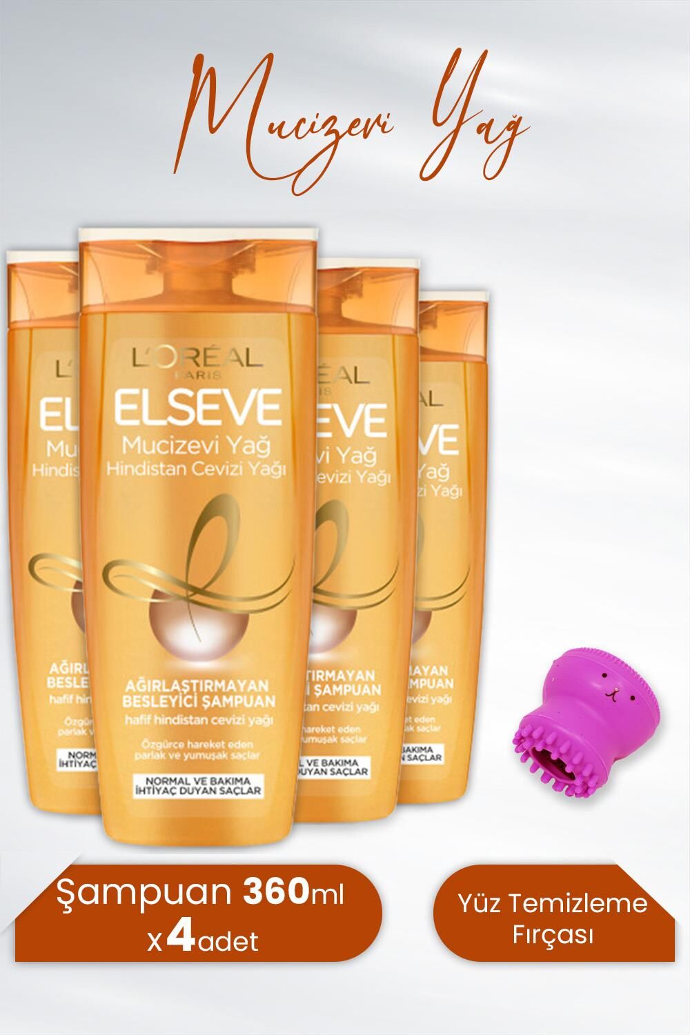 Elseve Mucizevi Yağ Besleyici Şampuan Hindistan Cevizi 360 ml x 4 Adet ve Tarko Lionesse Yüz Temizleme Fırçası - Koyu Pembe