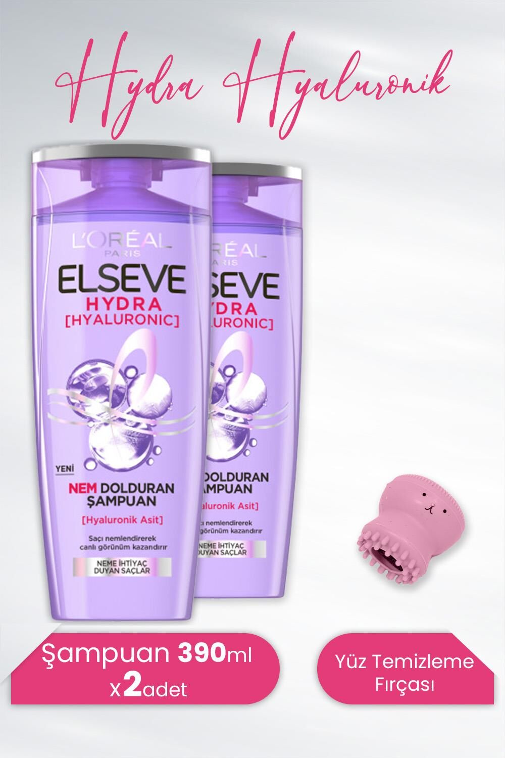 Elseve Hydra Hyaluronik Şampuan 390 ml x 2 Adet ve Tarko Lionesse Yüz Temizleme Fırçası - Açık Pembe