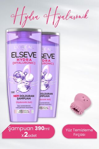 Elseve Hydra Hyaluronik Şampuan 390 ml x 2 Adet ve Tarko Lionesse Yüz Temizleme Fırçası - Açık Pembe