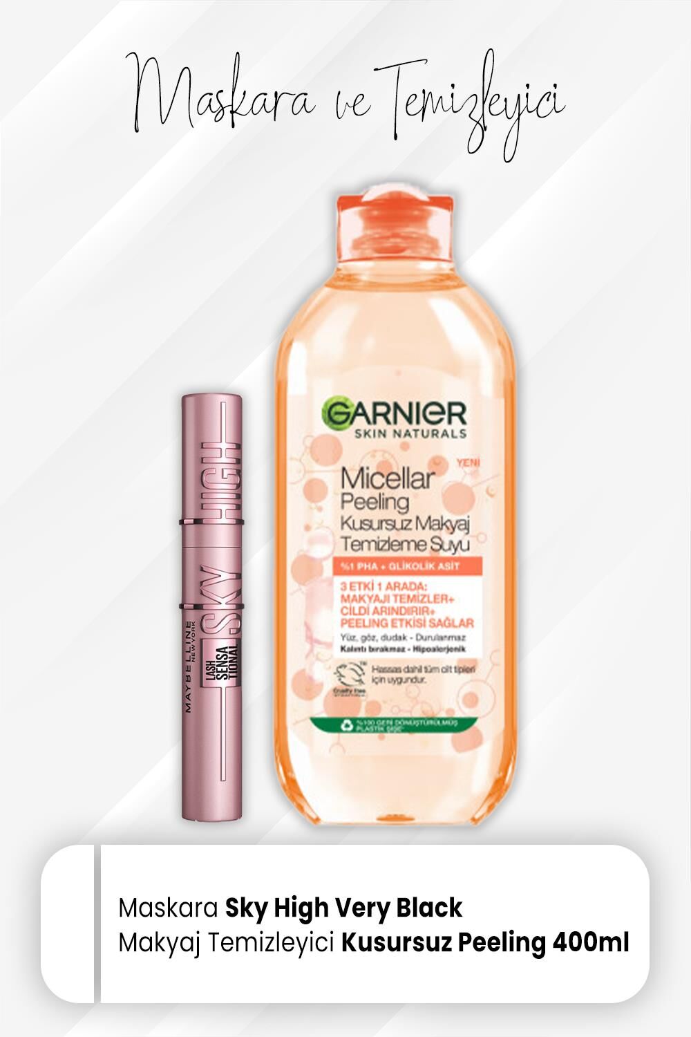 Maybelline New York Maskara Sky High Very Black ve Micellar Makyaj Temizleme Suyu Peeling 400 ml