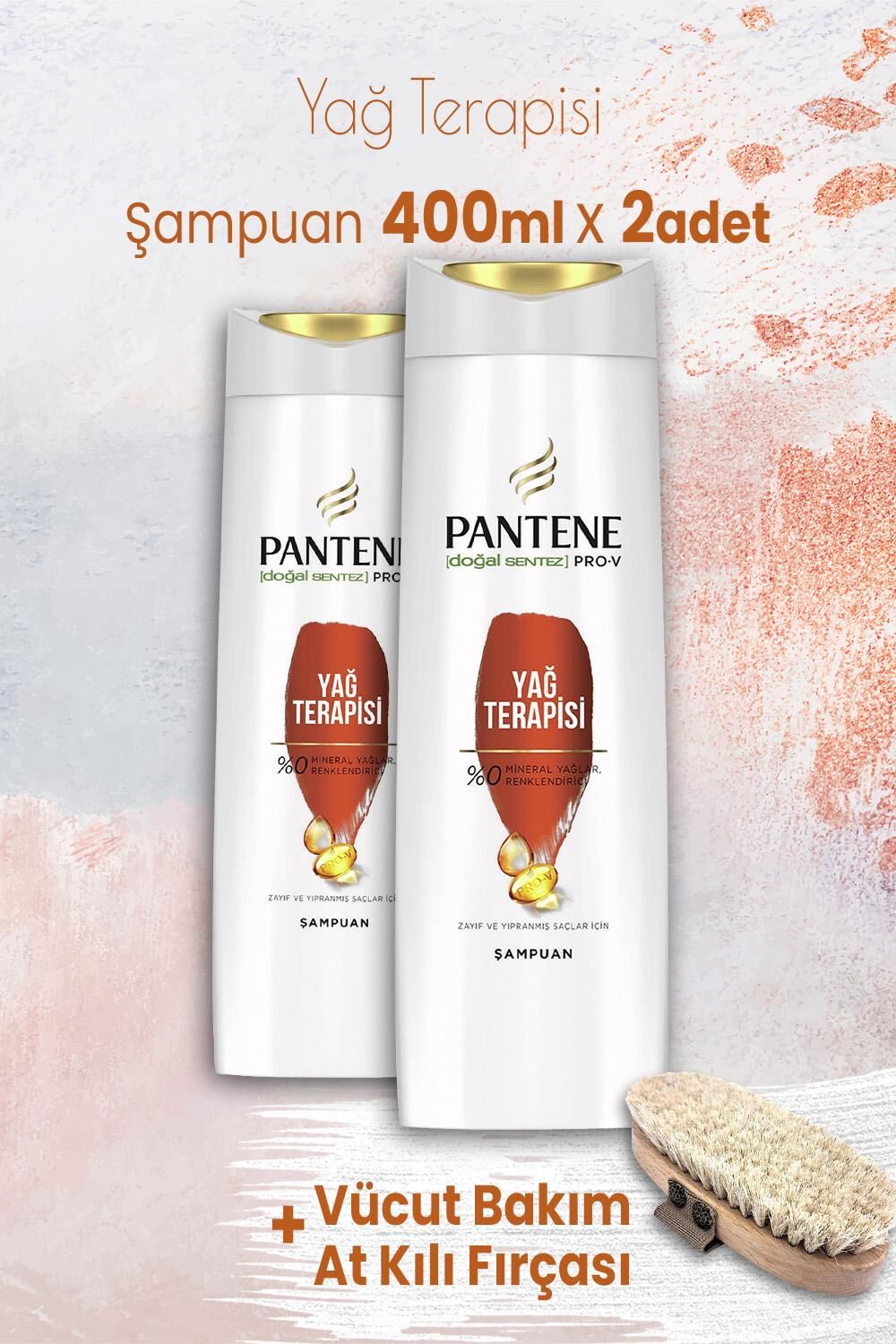 Pantene Pro-V Şampuan Yağ Terapisi 400 ml x 2 Adet ve Vücut Bakım At Kılı Fırçası