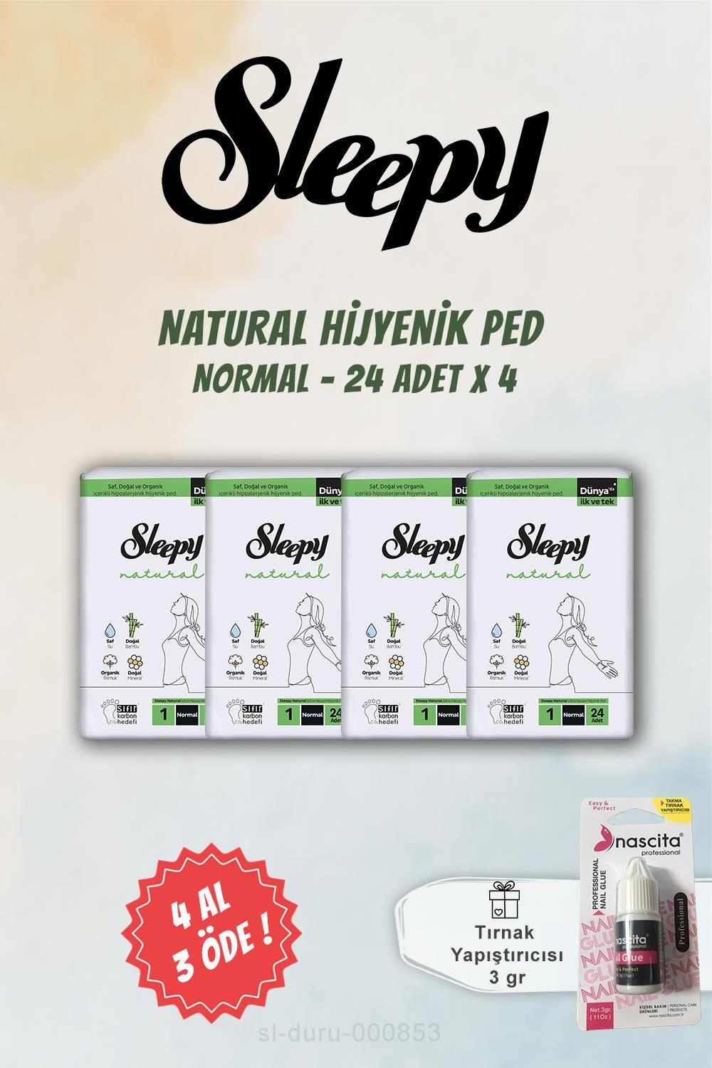 4 AL 3 ÖDE Sleepy Natural Ultra Hijyenik Ped Normal 24 Adet ve Tırnak Yapıştırıcısı
