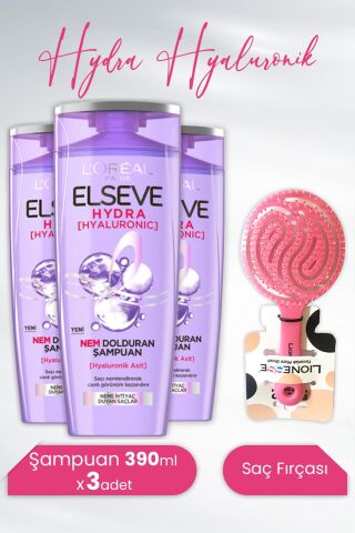 Elseve Hydra Hyaluronik Şampuan 390 ml x 3 Adet ve Tarko Lionesse Saç Fırçası Yuvarlak Pembe