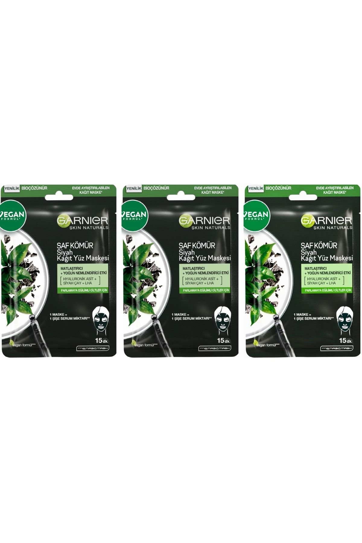 Saf Kömür Siyah Kağıt Yüz Maskesi Matlaştırıcı + Yoğun Nemlendirici Etki 3 Adet