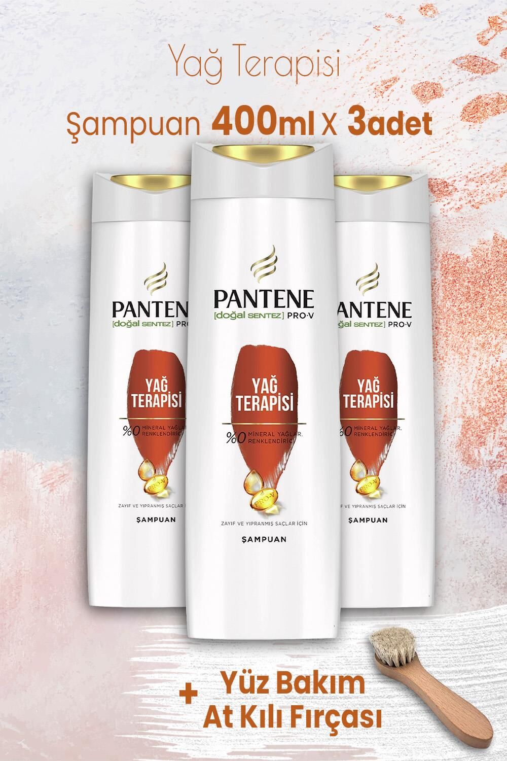 Pantene Pro-V Şampuan Yağ Terapisi 400 ml x 3 Adet ve Yüz Bakım At Kılı Fırçası