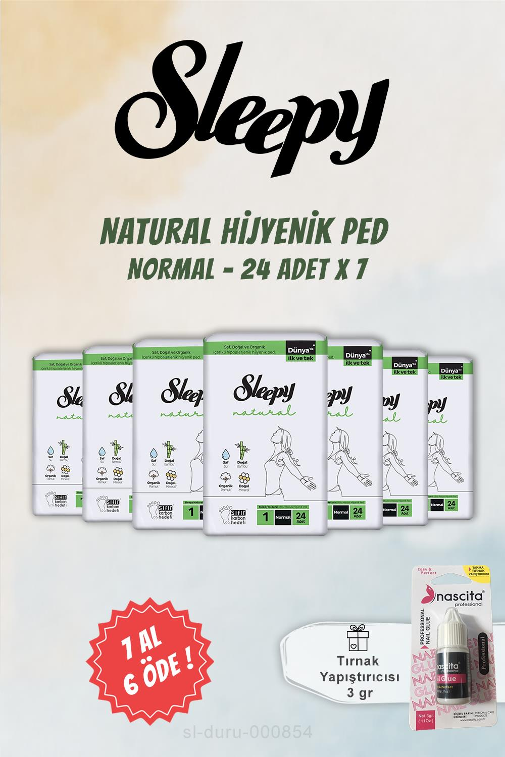 Sleepy Natural Ultra Hijyenik Ped 7 AL 6 ÖDE Normal 24 Adet ve Tırnak Yapıştırıcısı