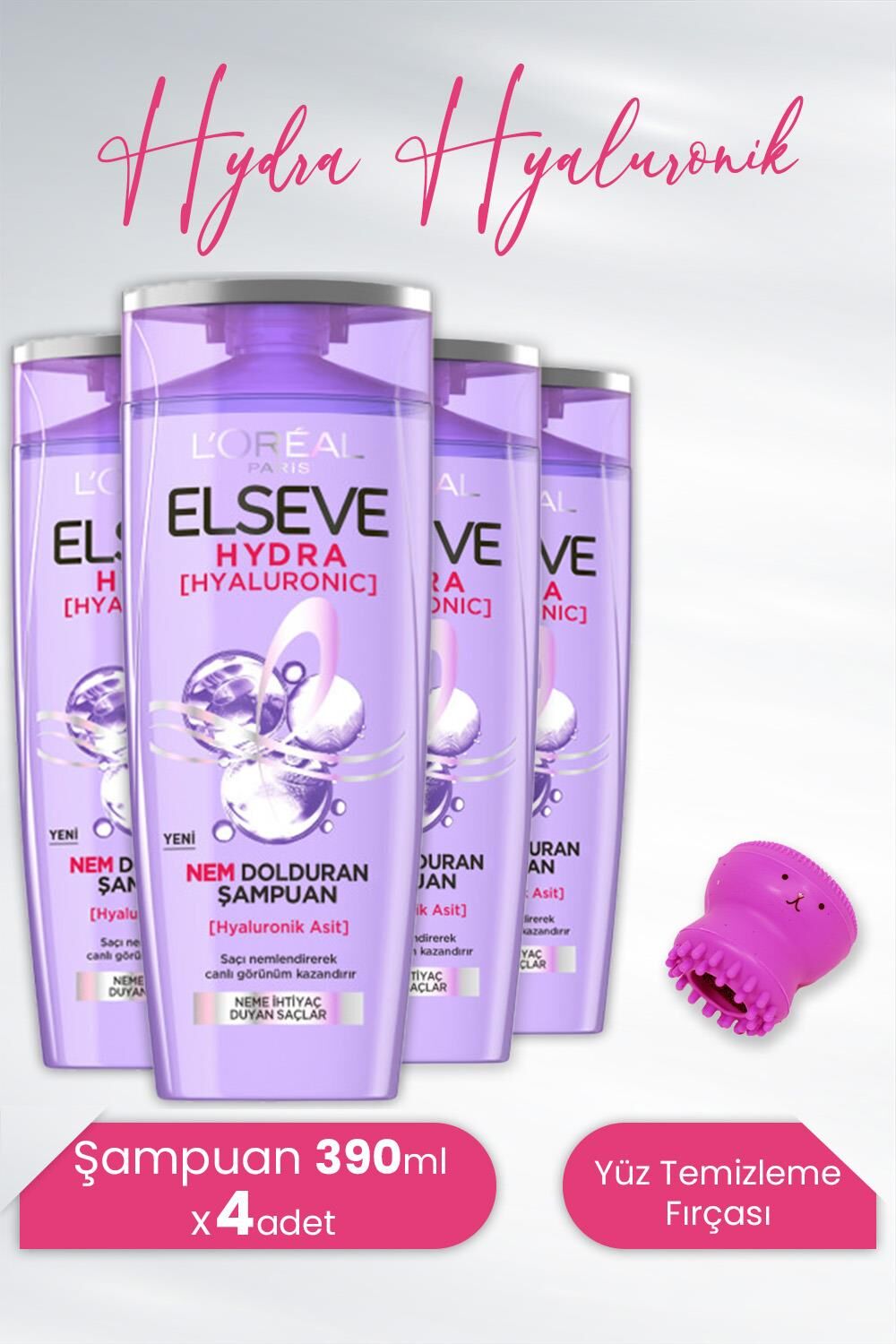 Elseve Hydra Hyaluronik Şampuan 390 ml x 4 Adet ve Tarko Lionesse Yüz Temizleme Fırçası - Koyu Pembe