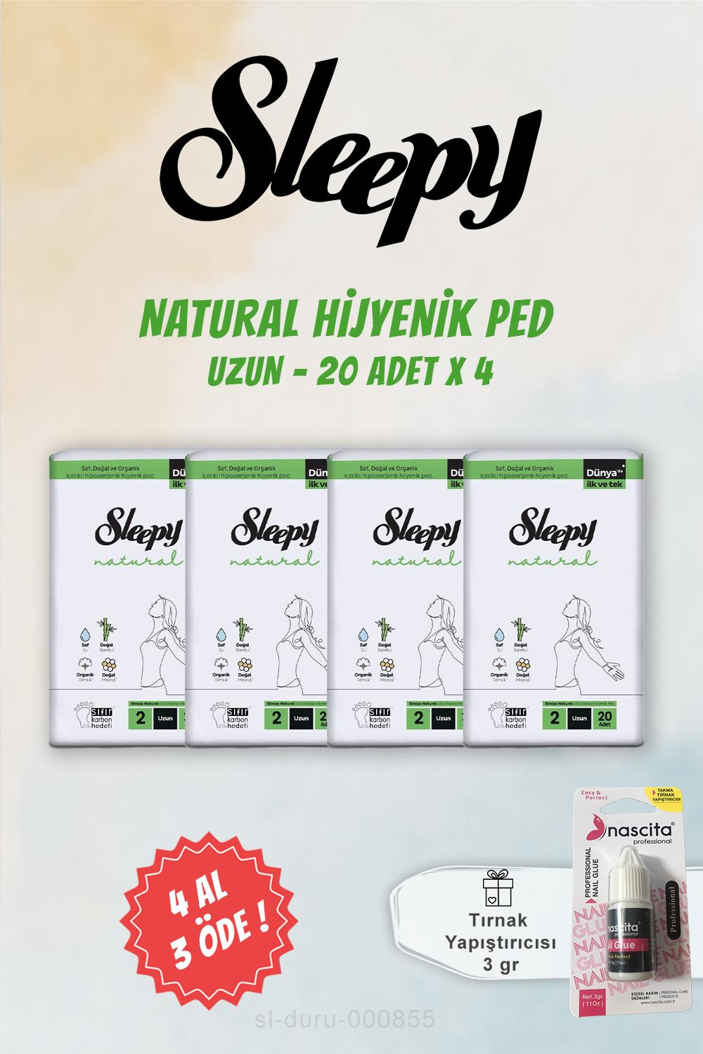 Sleepy 4 AL 3 ÖDE Natural Hassas Hijyenik Ped Uzun 20 Adet ve Tırnak Yapıştırıcısı