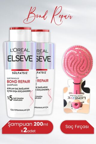 Elseve Bond Repair Şampuan Sülfatsız 200 ml x 2 Adet ve Tarko Lionesse Saç Fırçası Yuvarlak Pembe