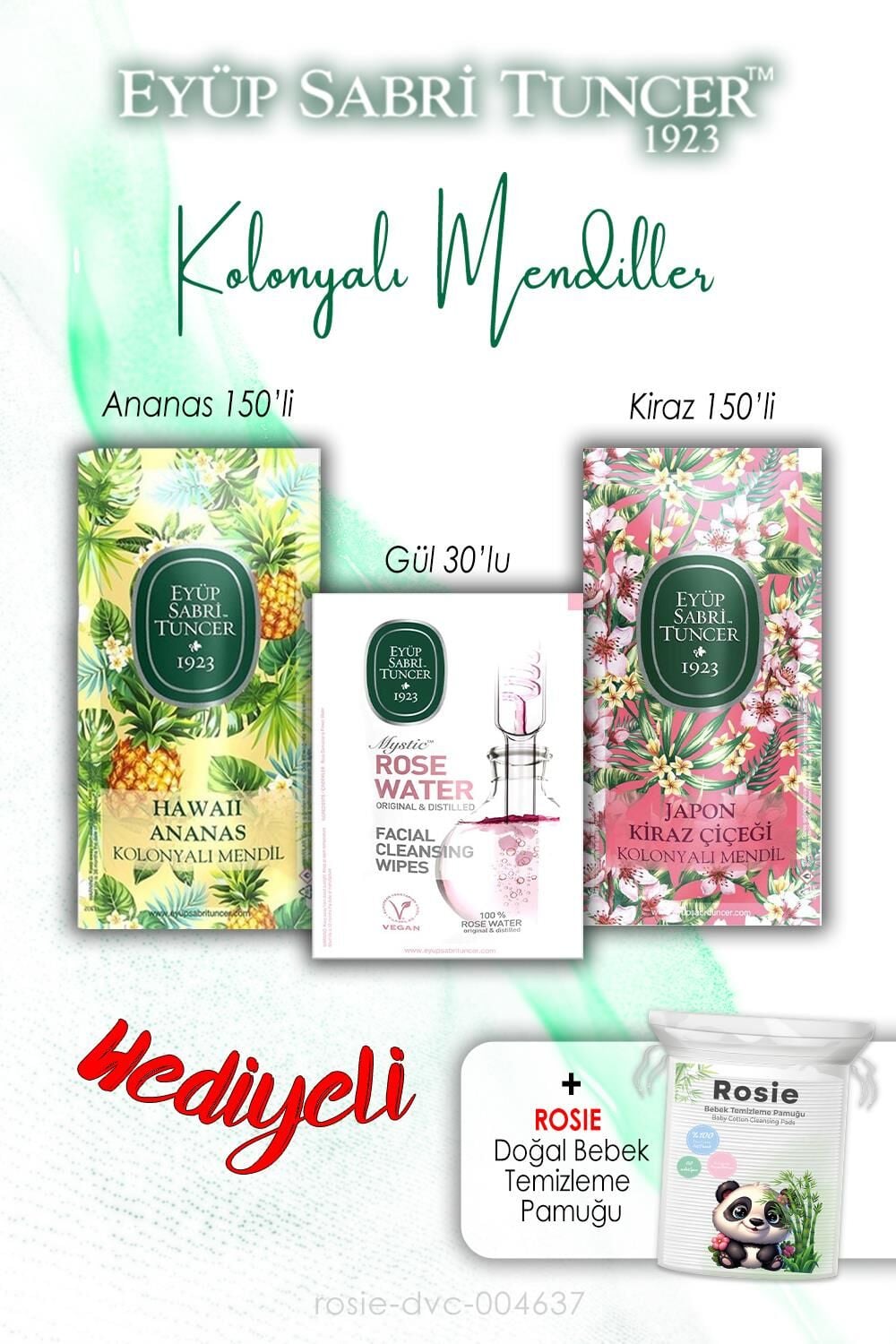 30'lu Gül, 150'li Ananas ve Kiraz Kolonyalı Mendil ve ROSIE