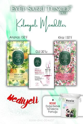 30'lu Gül, 150'li Ananas ve Kiraz Kolonyalı Mendil ve ROSIE