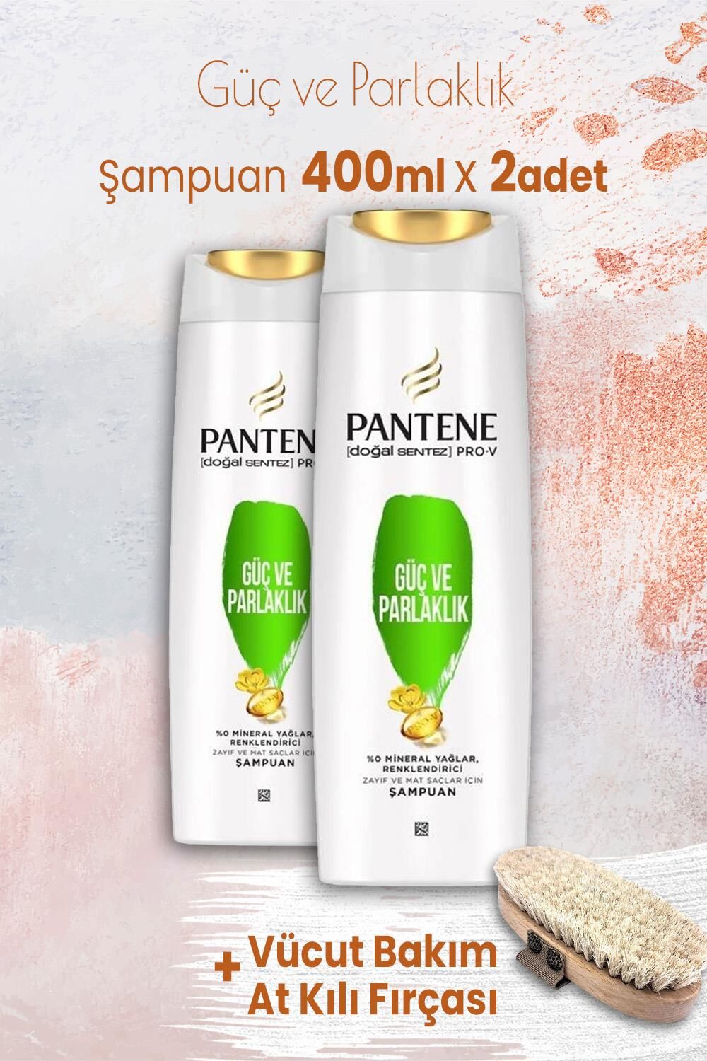 Pantene Pantene Pro-V Güç Parlaklık Şampuanı 400 ml x 2 Adet ve Vücut Bakım At Kılı Fırçası