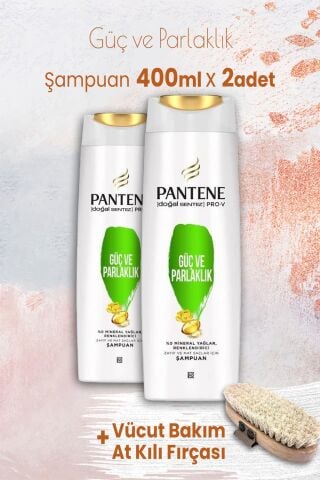 Pantene Pantene Pro-V Güç Parlaklık Şampuanı 400 ml x 2 Adet ve Vücut Bakım At Kılı Fırçası