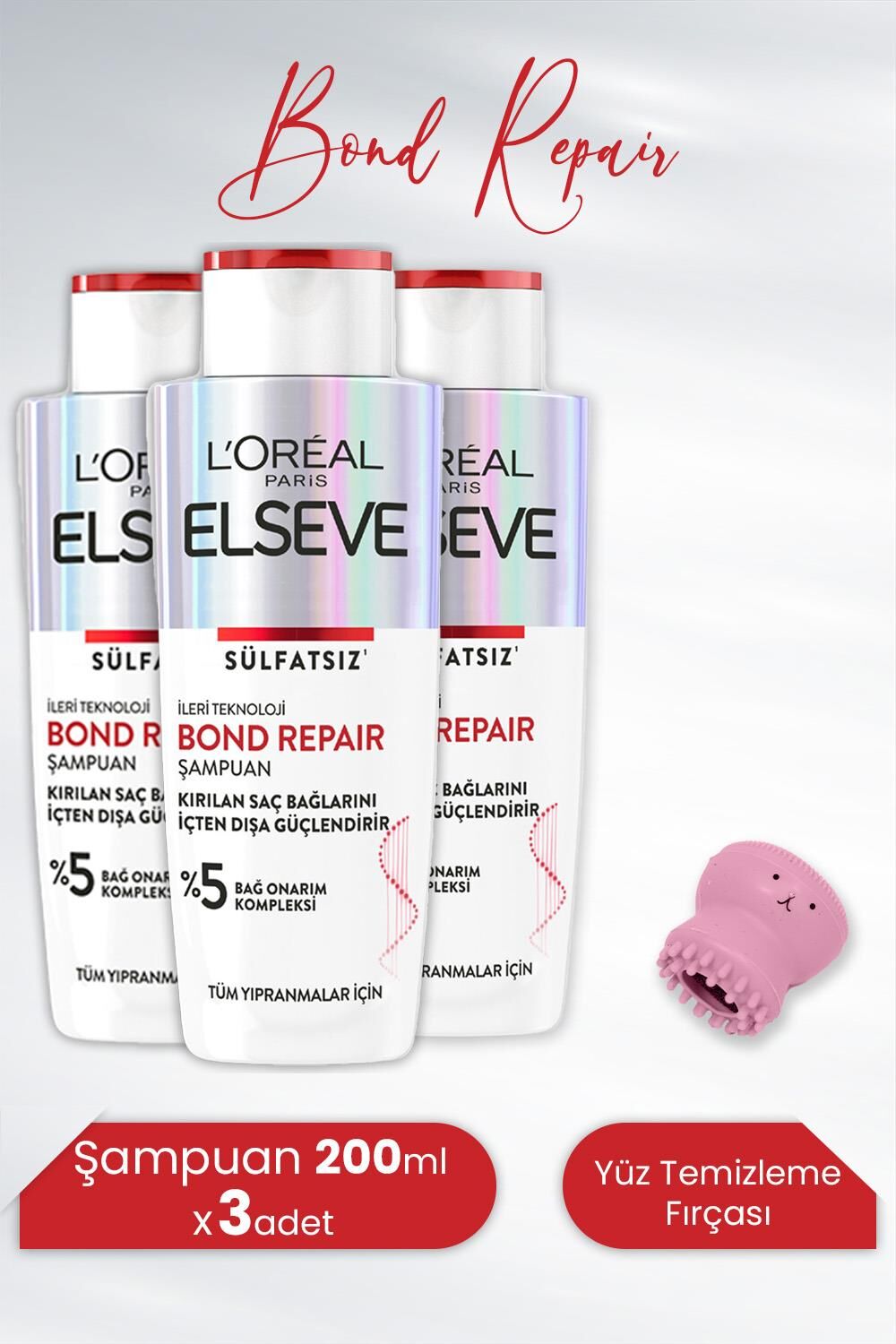 Elseve Bond Repair Şampuan Sülfatsız 200 ml x 3 Adet ve Tarko Lionesse Yüz Temizleme Fırçası - Açık Pembe