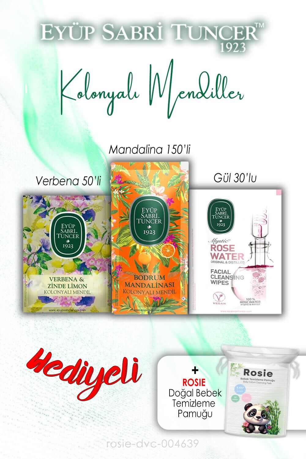 30'lu Gül, Verbena 50'li, Mandalina 150'li Kolonyalı Mendil ve ROSIE