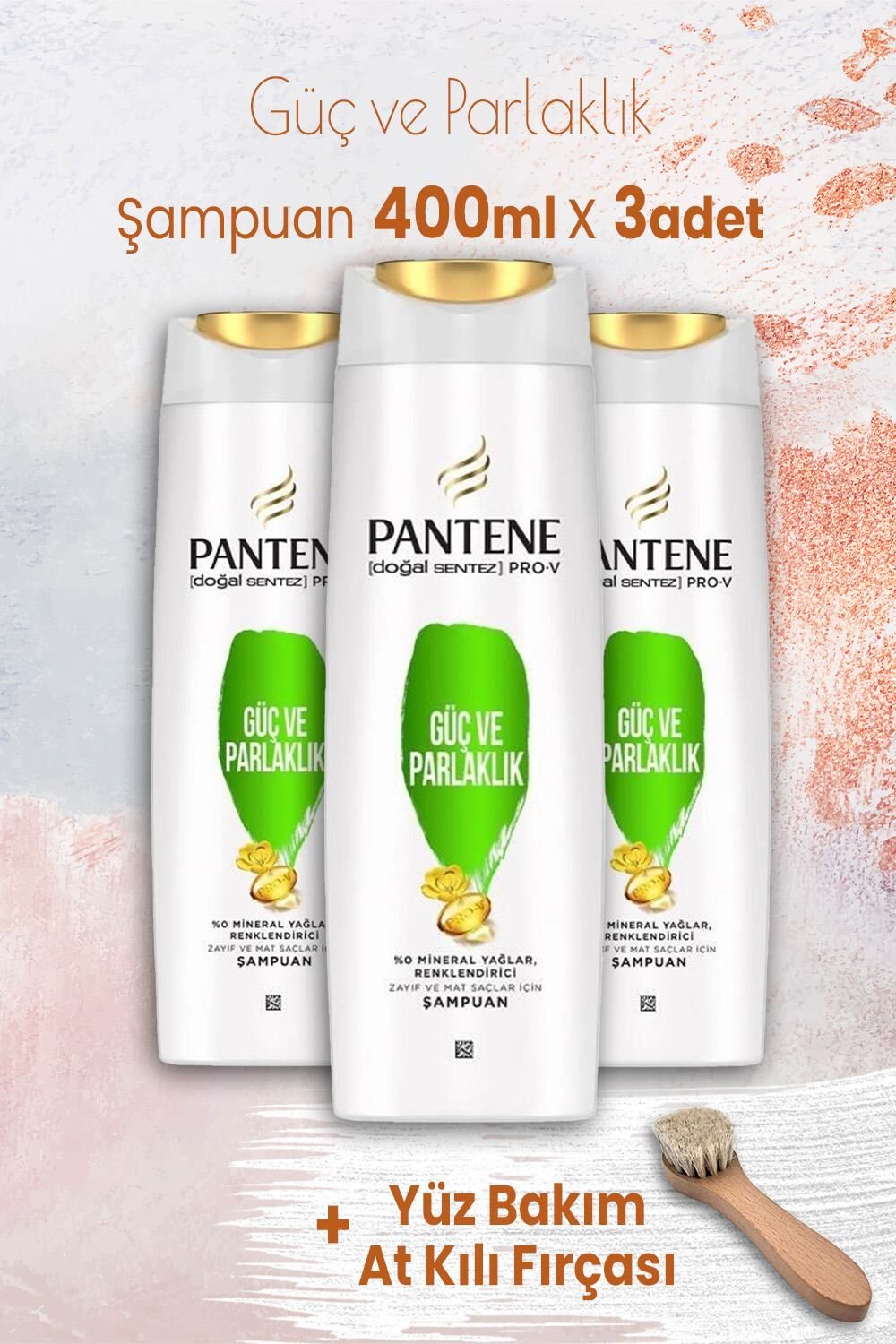 Pantene Pantene Pro-V Güç Parlaklık Şampuanı 400 ml x 3 Adet ve Yüz Bakım At Kılı Fırçası