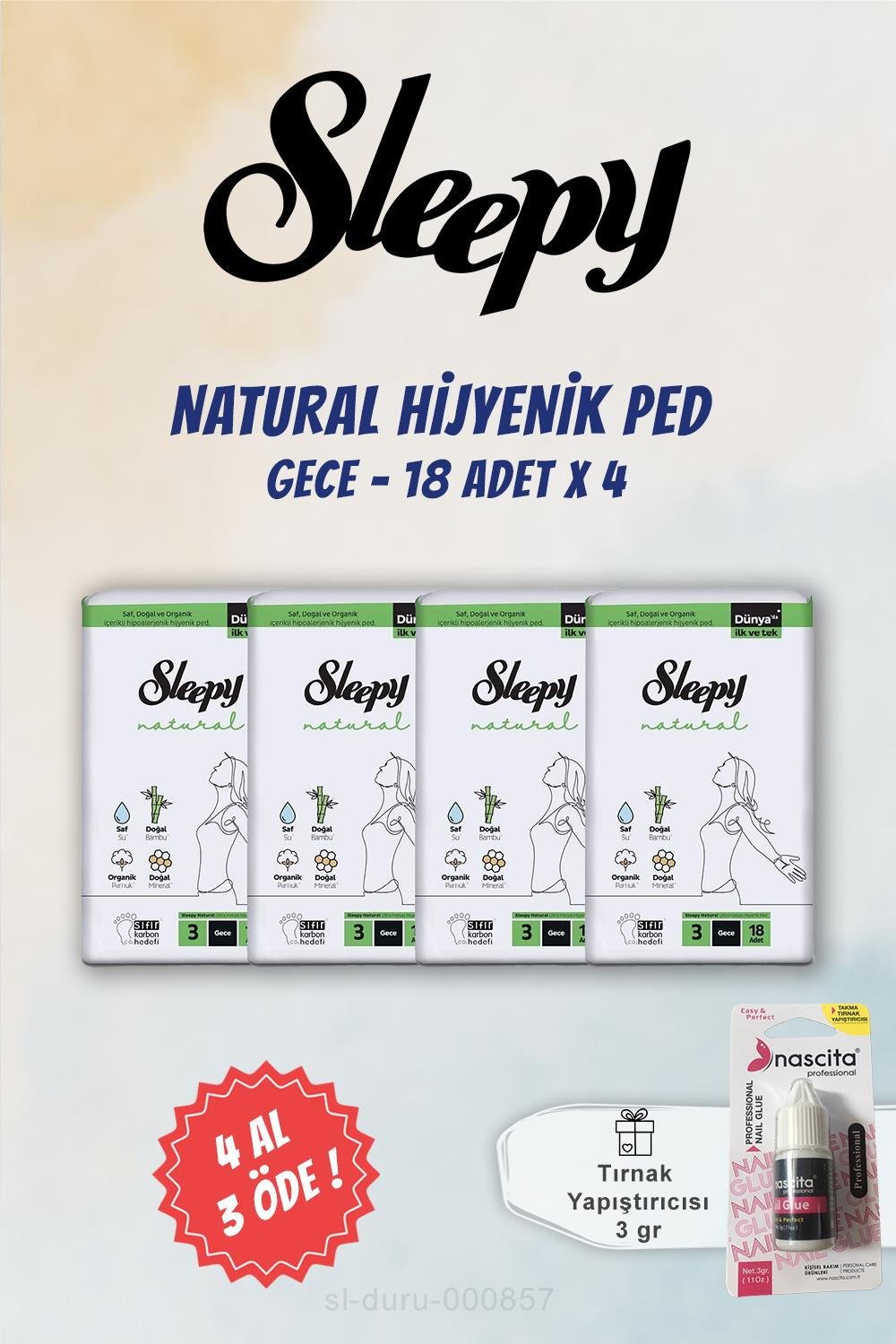 4 AL 3 ÖDE Sleepy Ultra Hassas Hijyenik Ped Gece 18 Adet ve Tırnak Yapıştırıcısı