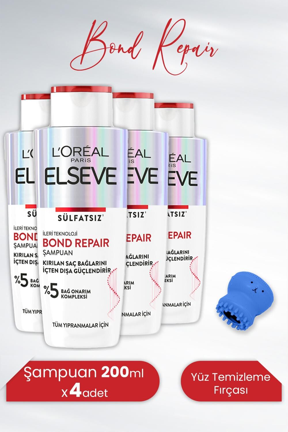 Elseve Bond Repair Şampuan Sülfatsız 200 ml x 4 Adet ve Tarko Lionesse Yüz Temizleme Fırçası - Mavi