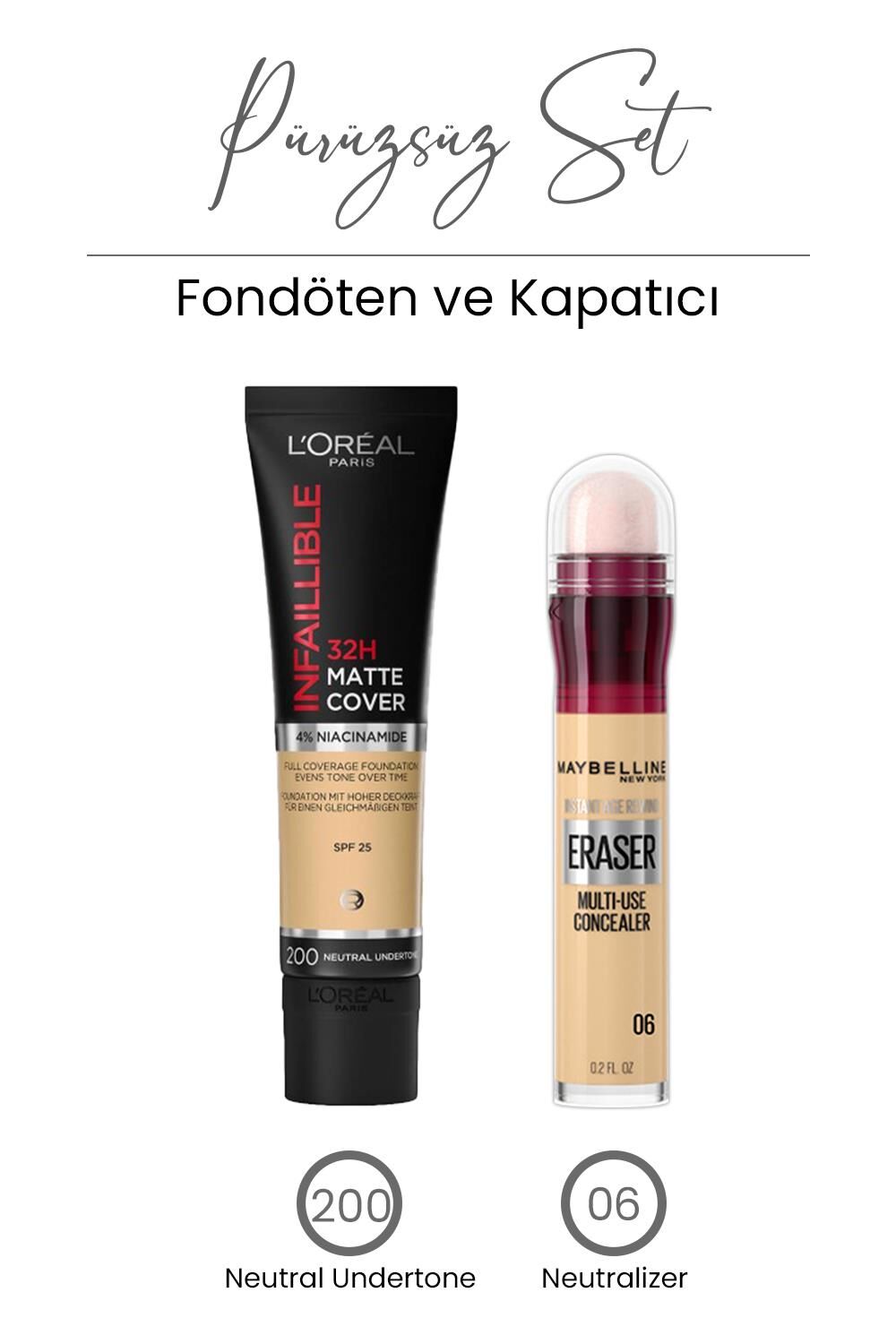 Loreal Paris Infaillible Matte Fondöten 200 ve Maybelline New York Eraser Concealer 06