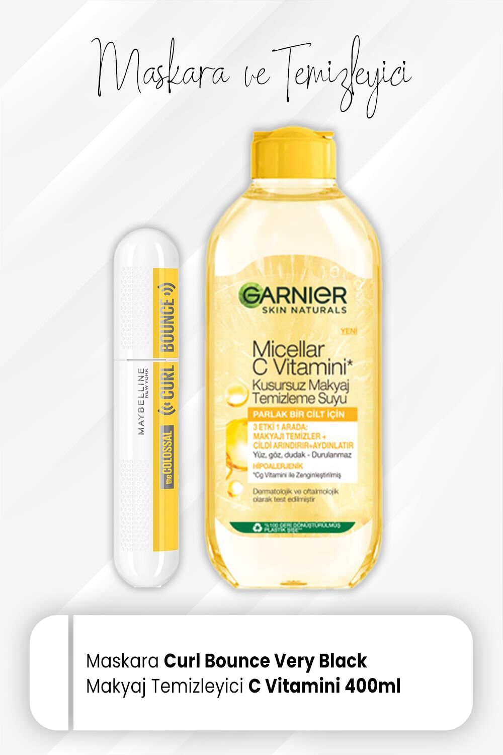 Maybelline New York Maskara Curl Bounce Very Black ve Micellar Temizleyici C Vitamini 400 ml