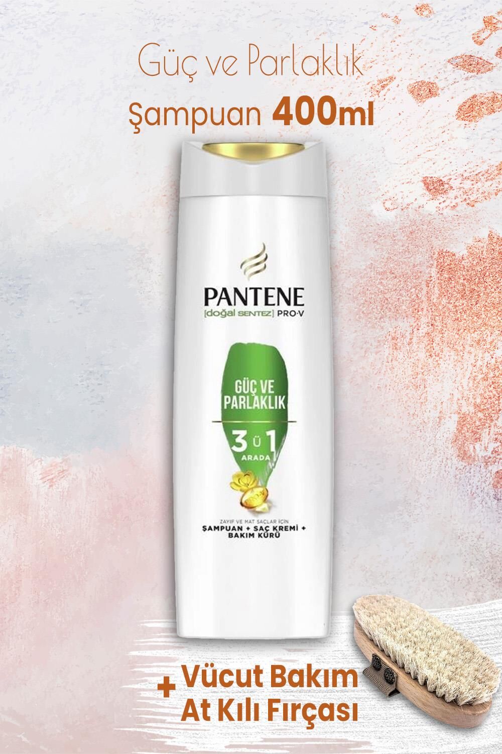 Pantene Pro-V Güç Parlaklık 3' ü 1 Arada Şampuan 400 ml ve Vücut Bakım At Kılı Fırçası