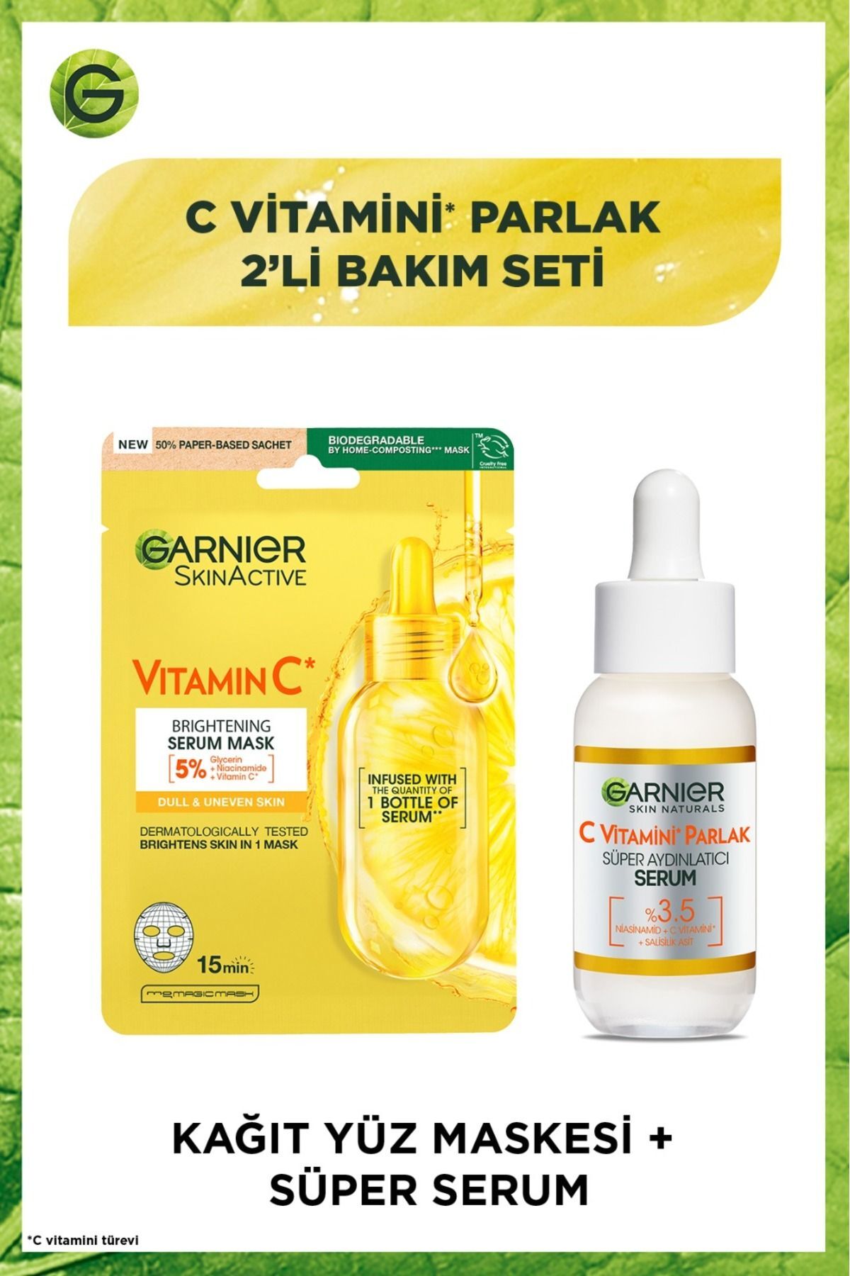 C Vitamini Parlak 2'li Bakım Seti Kağıt Yüz Maskesi + Süper Aydınlatıcı Serum
