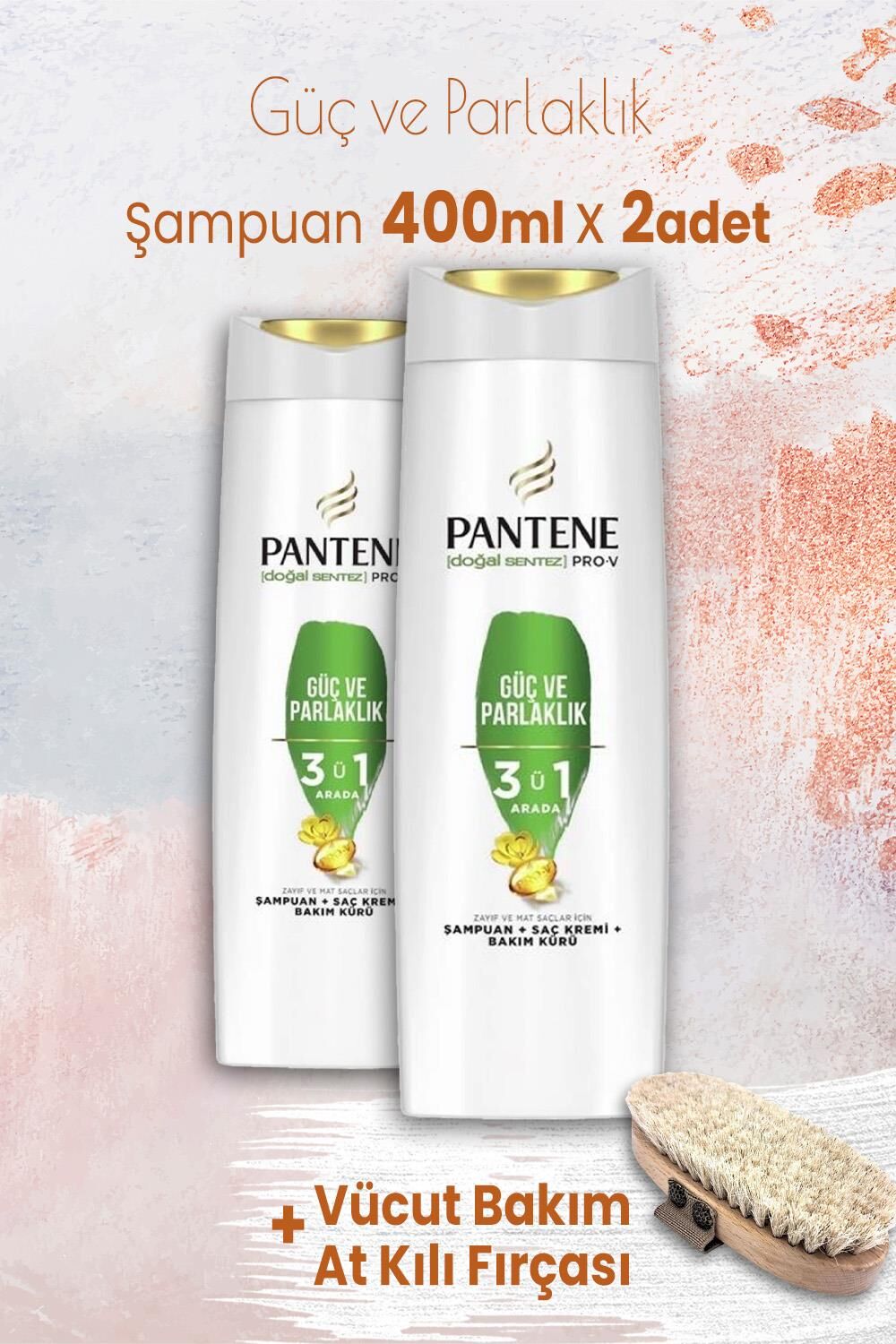 Pantene Pro-V Güç Parlaklık 3' ü 1 Arada Şampuan 400 ml x 2 Adet ve Vücut Bakım At Kılı Fırçası
