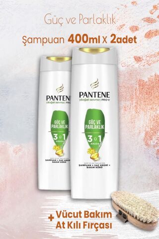 Pantene Pro-V Güç Parlaklık 3' ü 1 Arada Şampuan 400 ml x 2 Adet ve Vücut Bakım At Kılı Fırçası