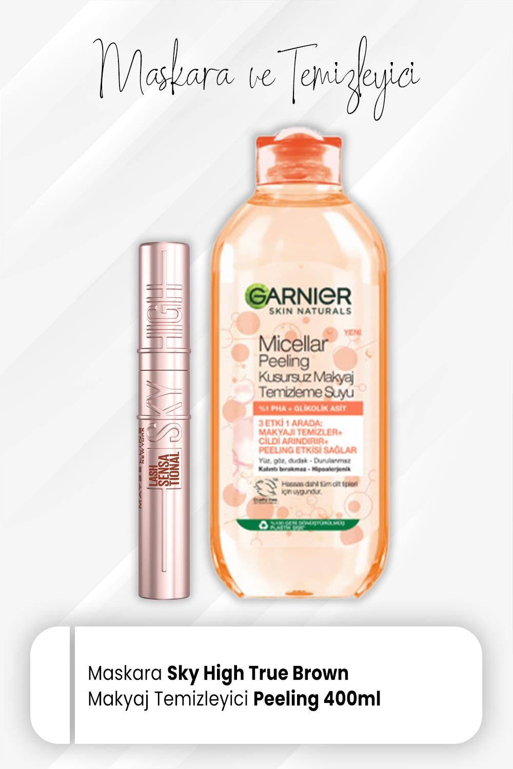 Maybelline New York Maskara Sky High True Brown ve Micellar Temizleme Peeling 400 ml