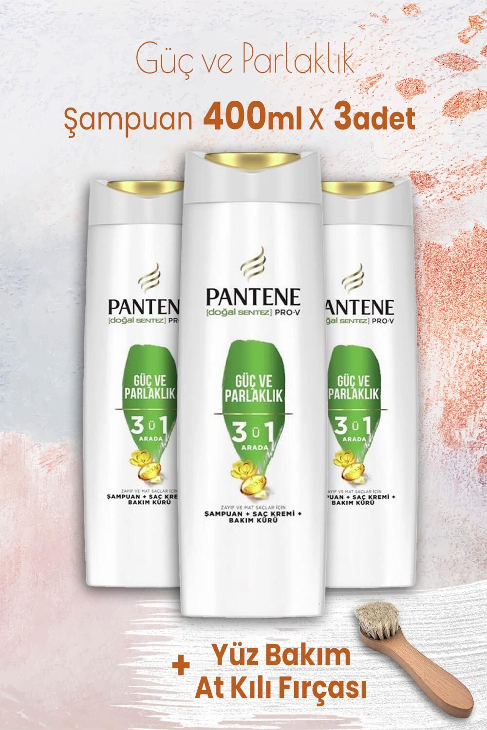 Pantene Pro-V Güç Parlaklık 3' ü 1 Arada Şampuan 400 ml x 3 Adet ve Yüz Bakım At Kılı Fırçası