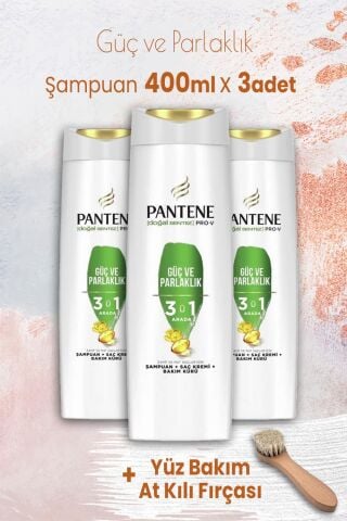 Pantene Pro-V Güç Parlaklık 3' ü 1 Arada Şampuan 400 ml x 3 Adet ve Yüz Bakım At Kılı Fırçası