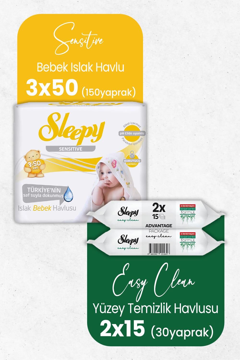 Sleepy Sensitive Islak Bebek Mendil 3 x 50 Adet ve Temizlik Havlusu 30' lu