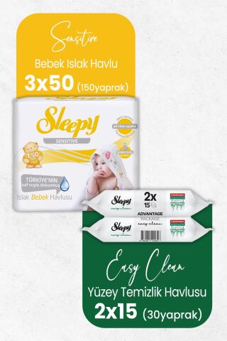Sleepy Sensitive Islak Bebek Mendil 3 x 50 Adet ve Temizlik Havlusu 30' lu