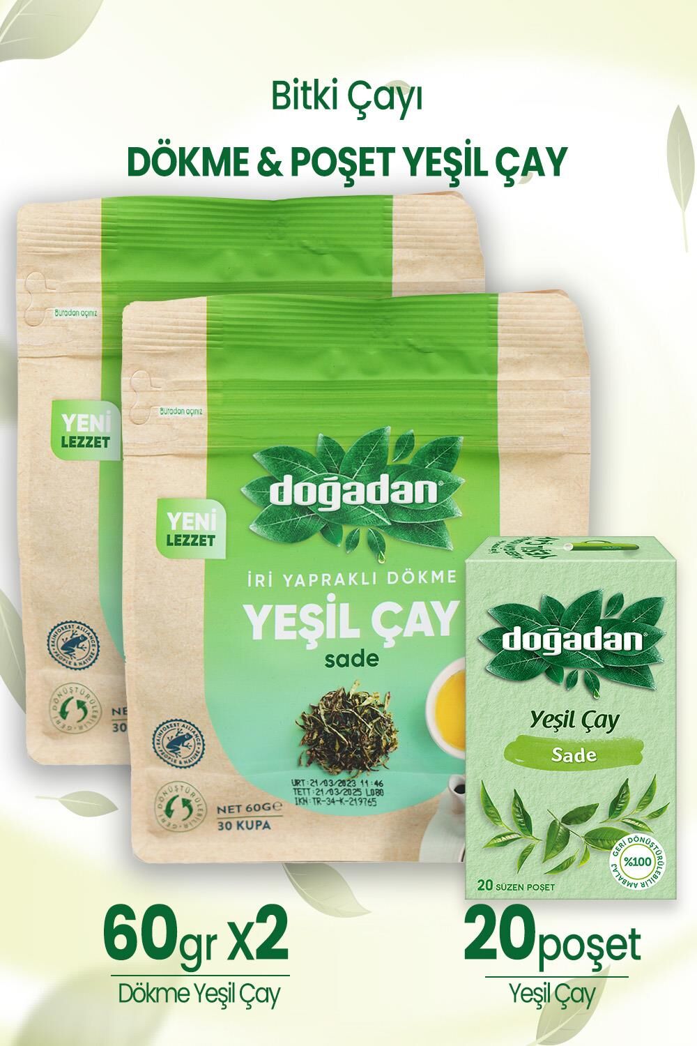Doğadan Dökme Yeşil Çay Sade 60 gr x 2 Adet ve Yeşil Çay Sade 20'li Poşet Çay
