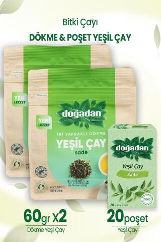 Doğadan Dökme Yeşil Çay Sade 60 gr x 2 Adet ve Yeşil Çay Sade 20'li Poşet Çay