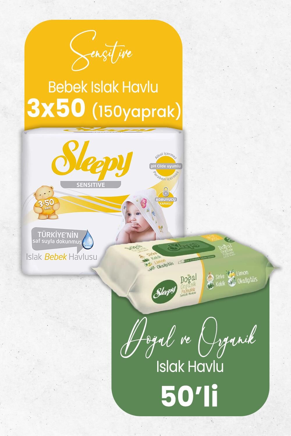 Sleepy Doğal Organik Islak Mendil 50' li ve Sensitive Bebek Islak Mendil 3 x 50' li