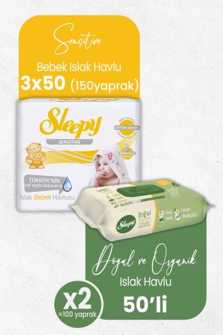 Sleepy Islak Havlu Doğal Organik 50 x 2 (100 Yaprak) ve Sensitive Bebek 3x50' li