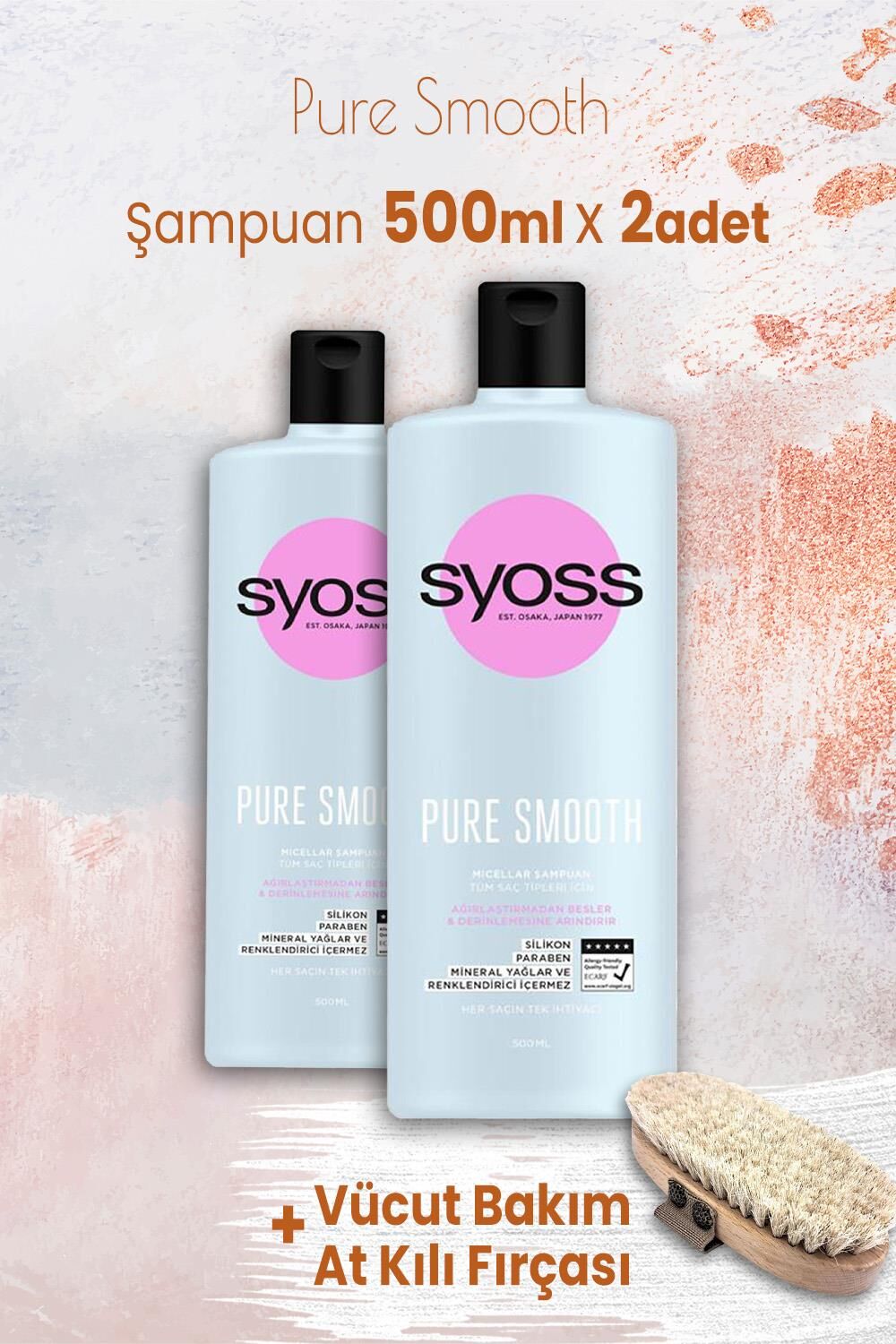 Syoss Pure Smooth Şampuan 500 ml  x 2 Adet ve Vücut Bakım At Kılı Fırçası