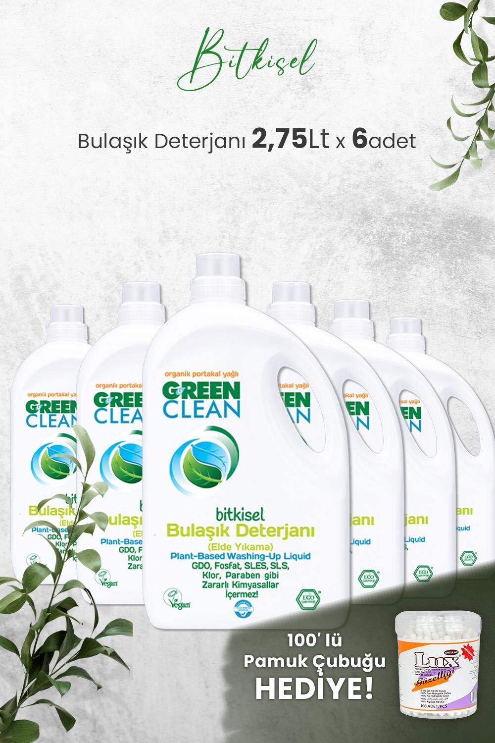 U Green Clean Bitkisel Bulaşık Deterjanı 2,75 LT x 6 Adet ve Hediyeli