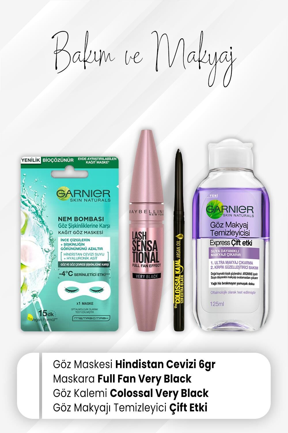 Garnier Göz Maskesi Hindistan Cevizi, Colossal Kajal Extra Black, Full Fan Very Black ve Express Çift Etki 125 ml